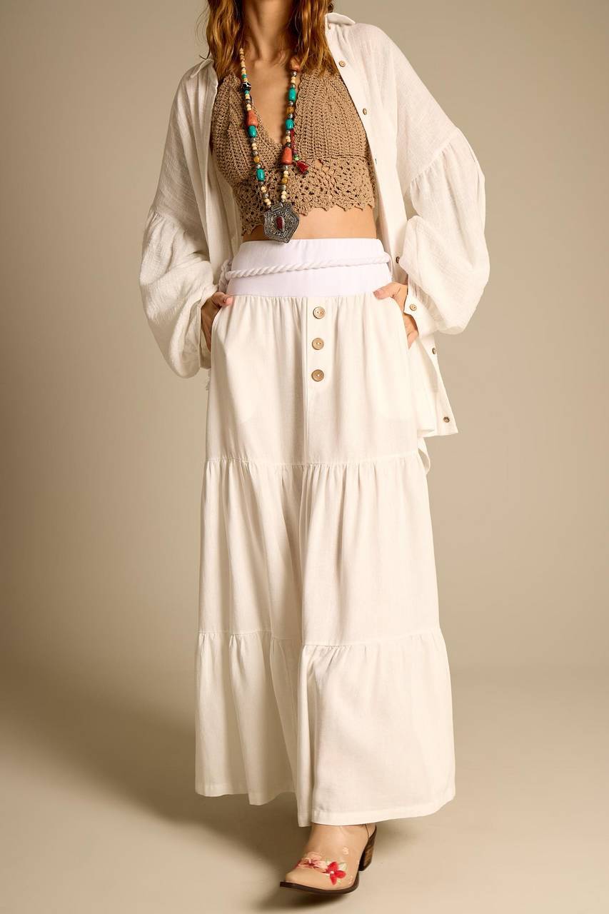 Yacamim F24 Women's White Long Linen Skirt with Braided Belt
