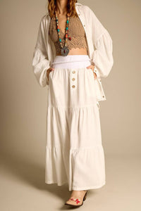 Yacamim F24 Women's White Long Linen Skirt with Braided Belt