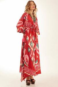Yacamim Red Printed Long Kaftan with Waist Tunnel