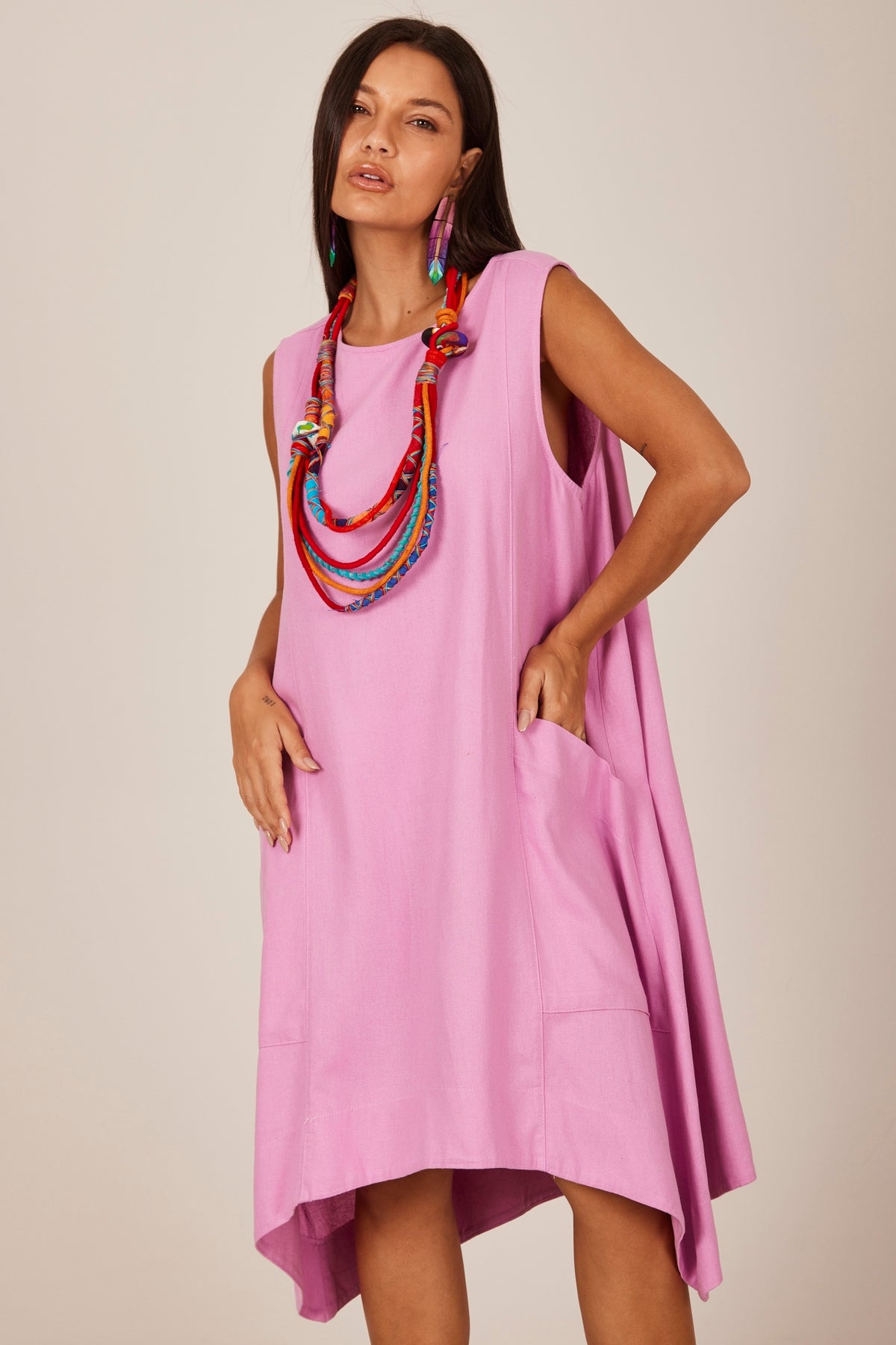 Yacamim C8 Lilac Sleeveless Linen Mini Dress Plain