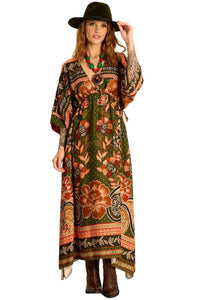 Yacamim Printed Dark Green Long Kaftan with Waist Tunnel