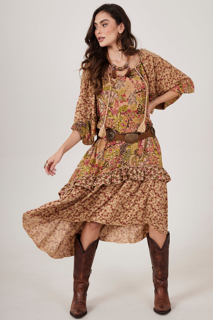 Light Brown Ruffled Midi Dress Patchwork Yacamim C5