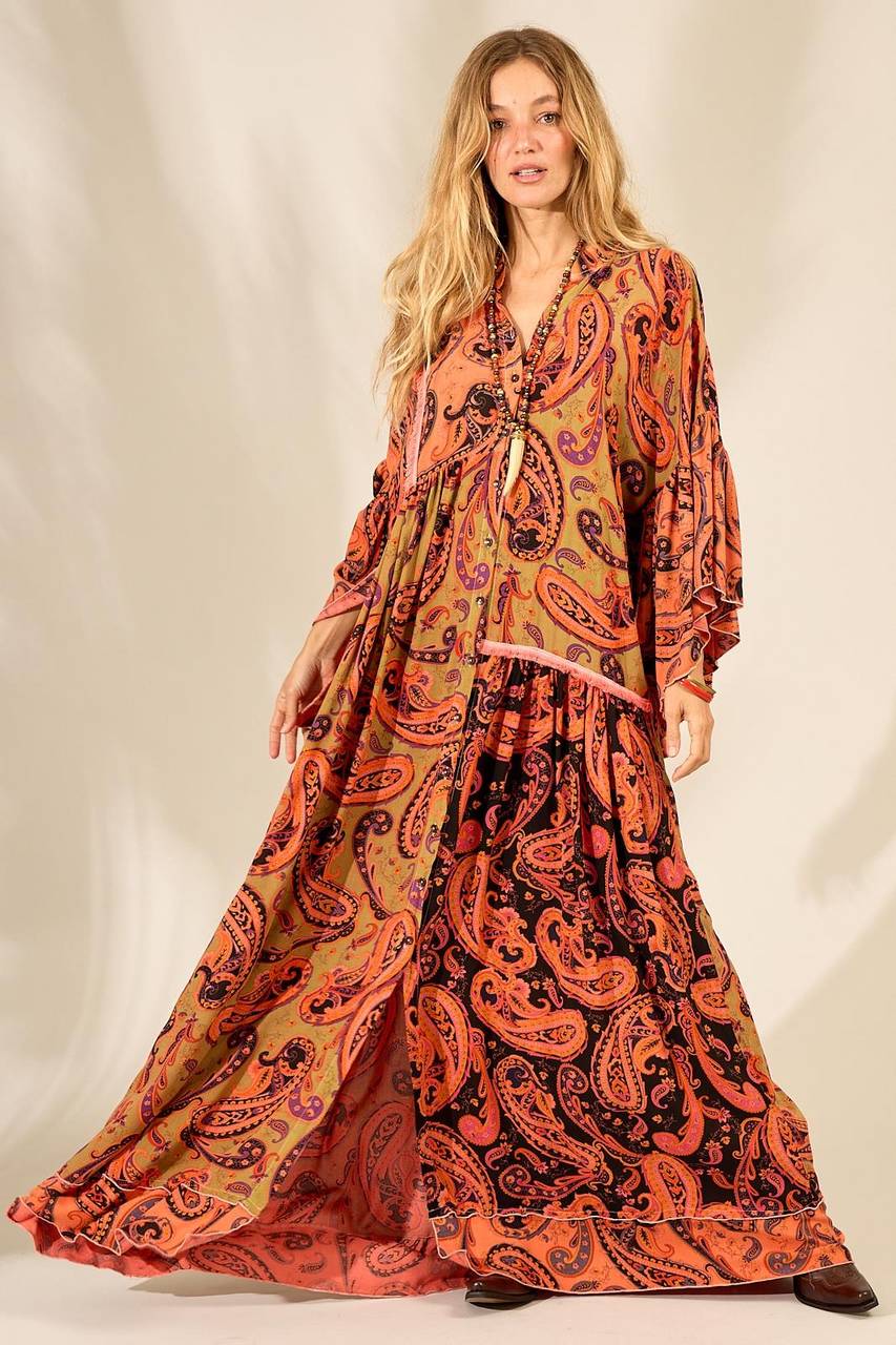 Yacamim Orange Cashmere Patchwork Print Long Shirt Dress