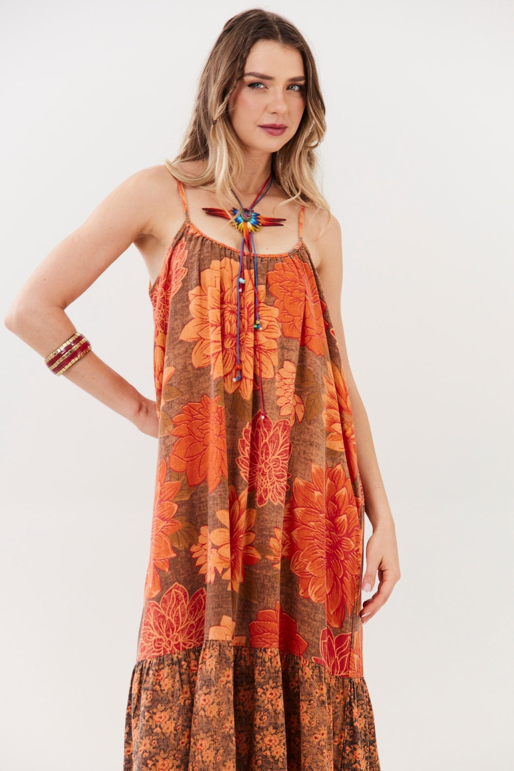 Olinda Midi Dress 100% Cotton Orange Patchwork Yacamim R5
