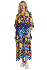 Kaftan Amplo Midi Decote Canoa Azul Marinho Estampado Yacamim J9