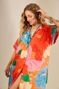 Yacamim Printed Red Long Shirt with Short Sleeves