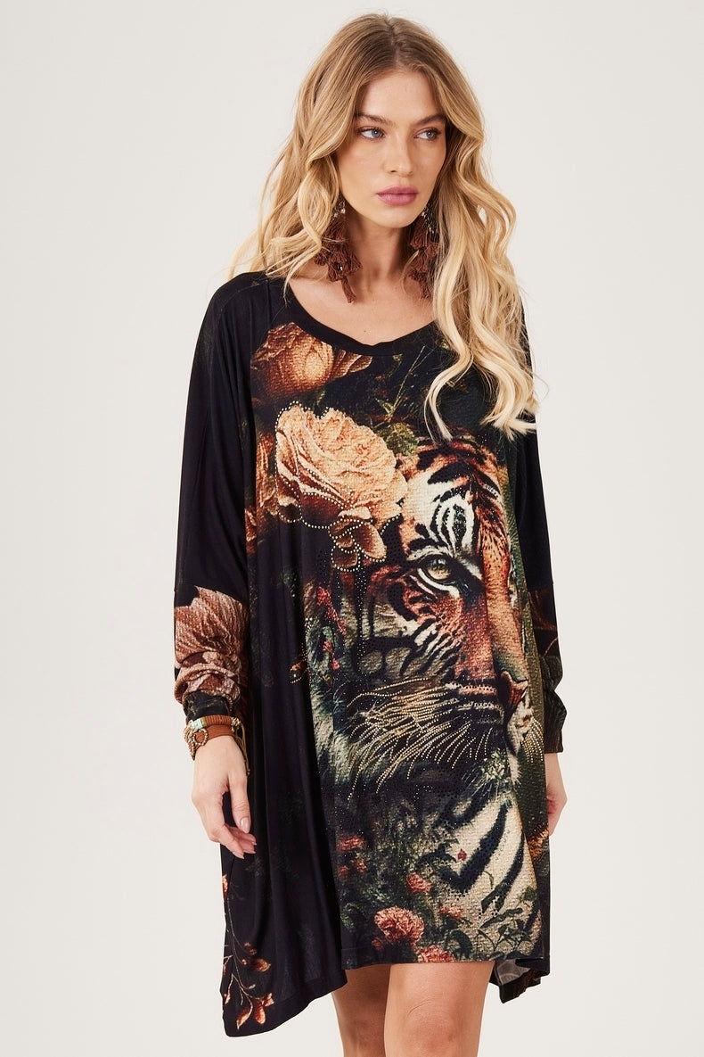 Yacamim S6 Black Tiger Exclusive Print Wide Tunic with Rhinestones