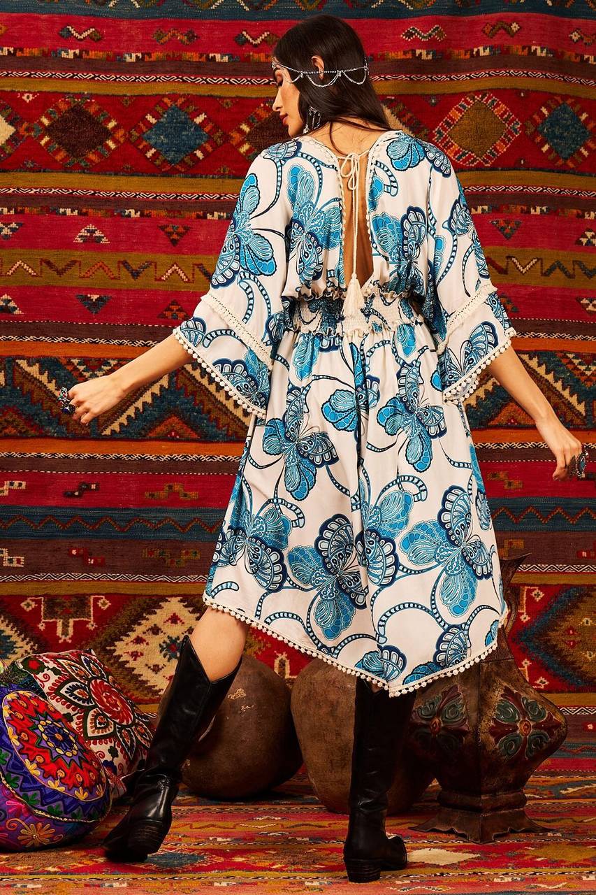Yacamim White Butterfly Print Mullet Dress with Shirred Waist