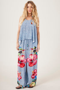 Yacamim A9 Blue Araras Print Wide-Leg Pants with Back Pockets
