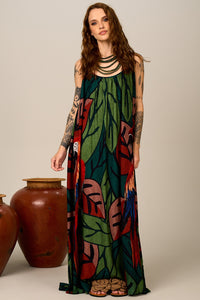 Yacamim Long Green Macaw Print Dress C2