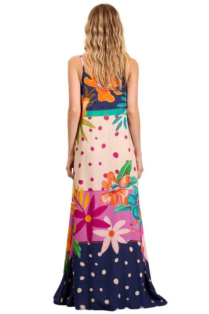 Women's Long Dress with Adjustable Straps, Blue Polka Dot Print, Yacamim C23