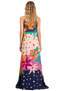 Women's Long Dress with Adjustable Straps, Blue Polka Dot Print, Yacamim C23