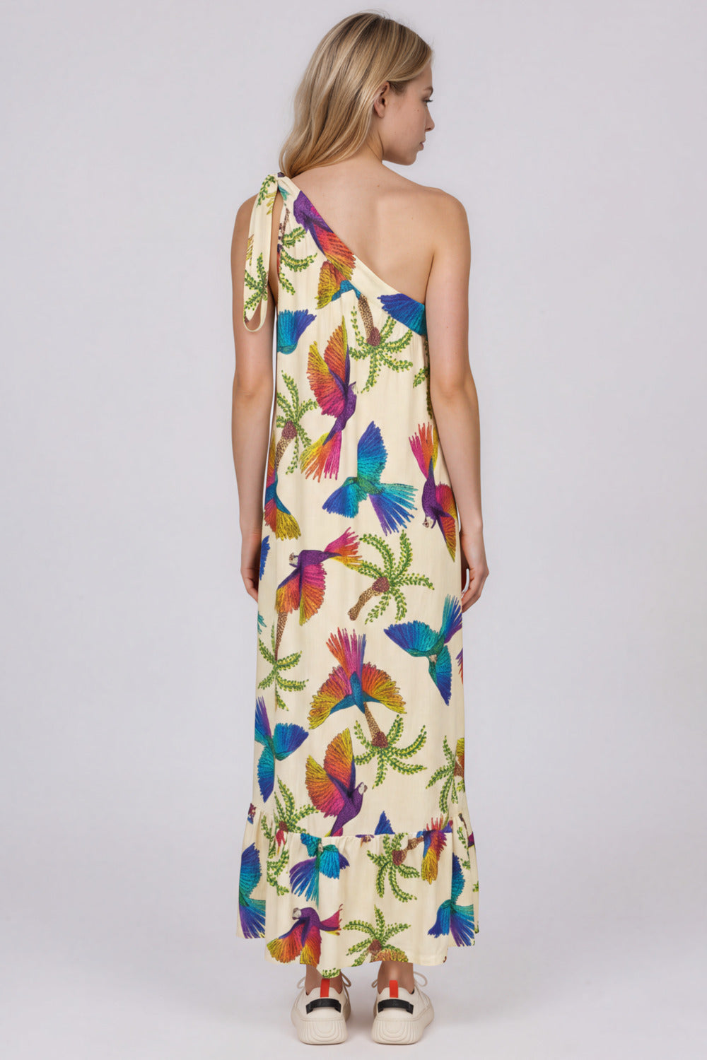 Vestido Longo De Um Ombro Só Bege Estampado Yacamim C4
