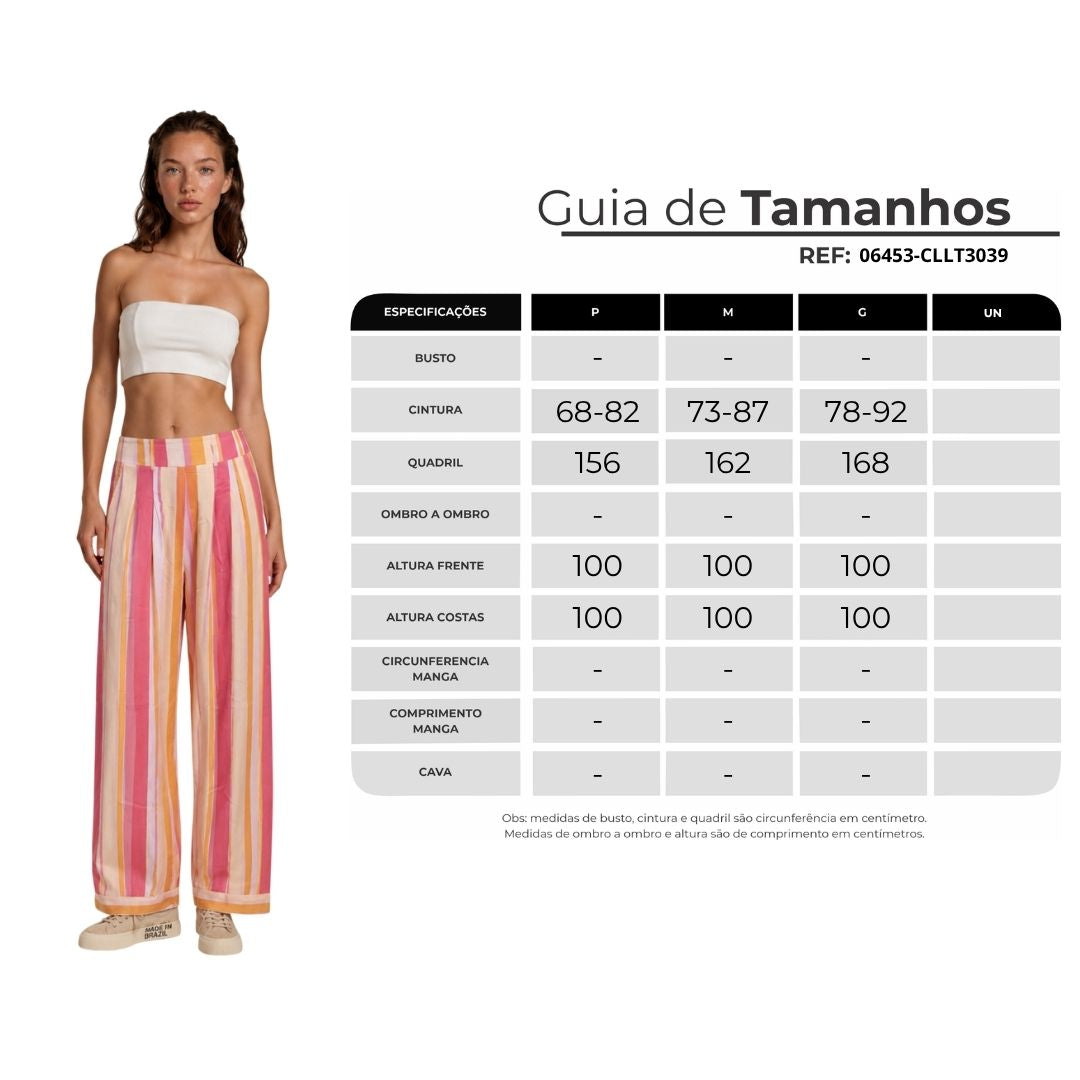 Calça Pantalona Com Bolsos Rosa E Amarela Listrada Yacamim H8