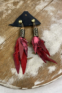 Handmade Red Leather Earring with Worked Metal Yacamim #155