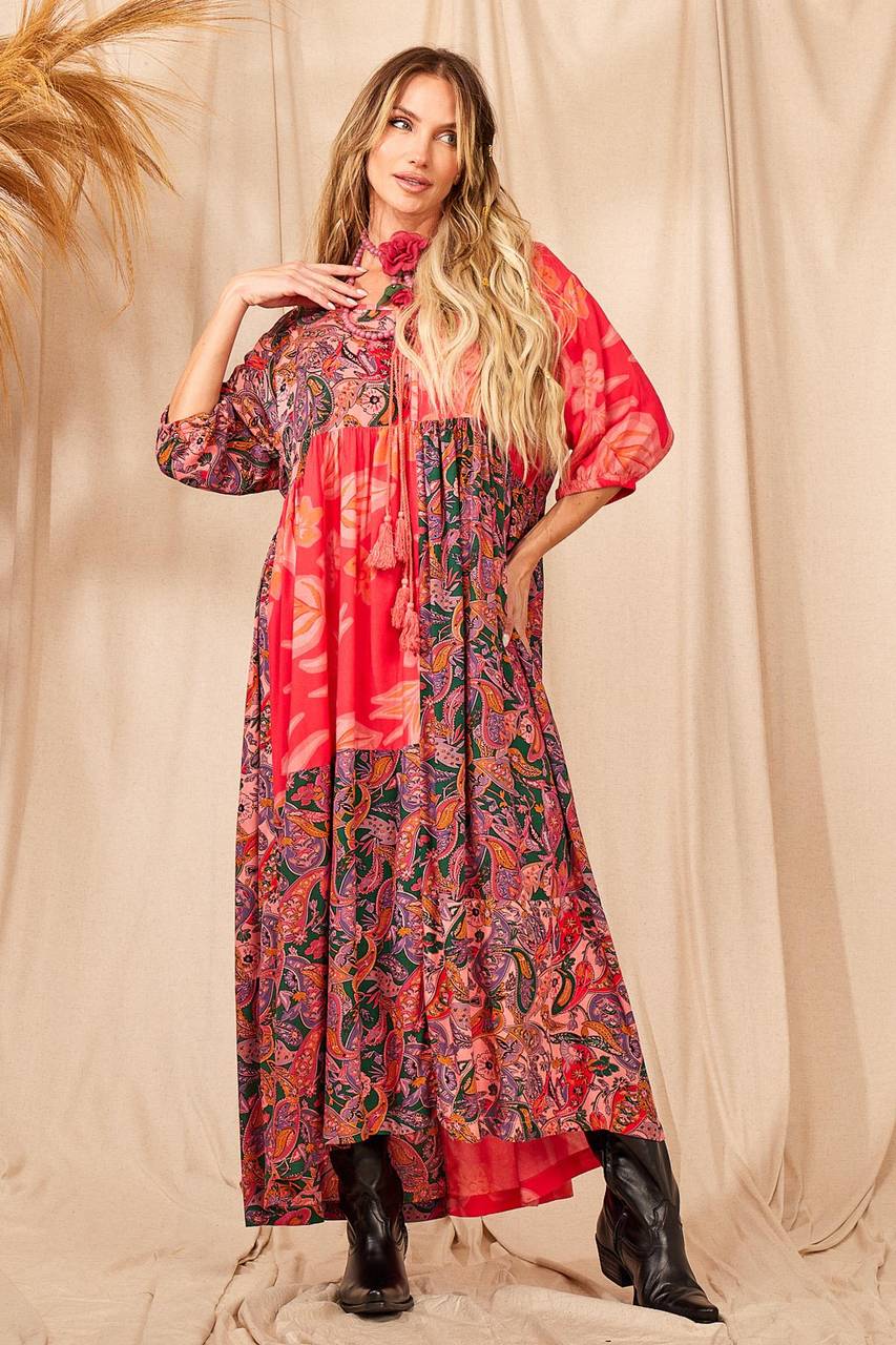 Women's Pink Patchwork Pom Pom Drawstring Long Dress