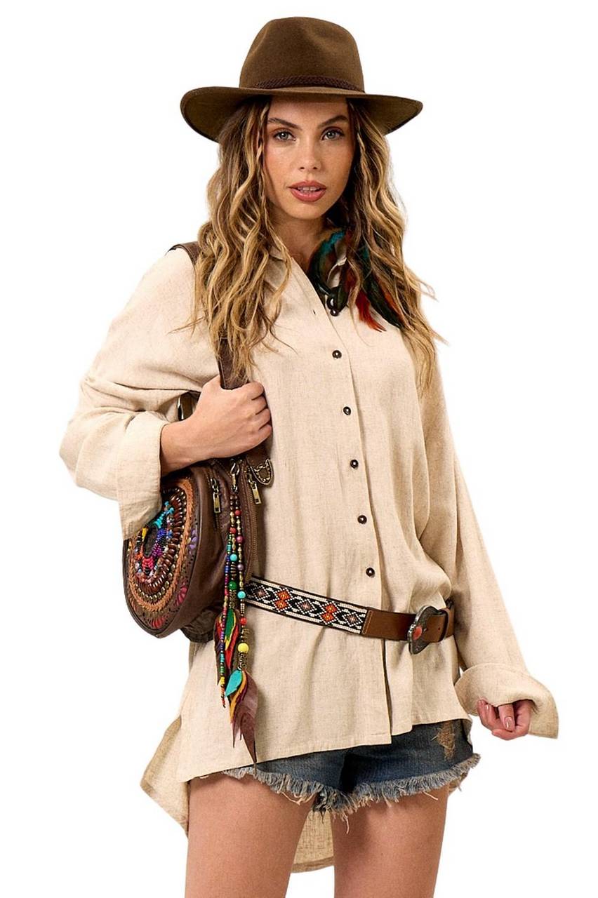 Yacamim A27 Beige Extended Viscose Linen Loose Shirt
