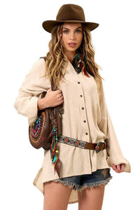 Yacamim A27 Beige Extended Viscose Linen Loose Shirt
