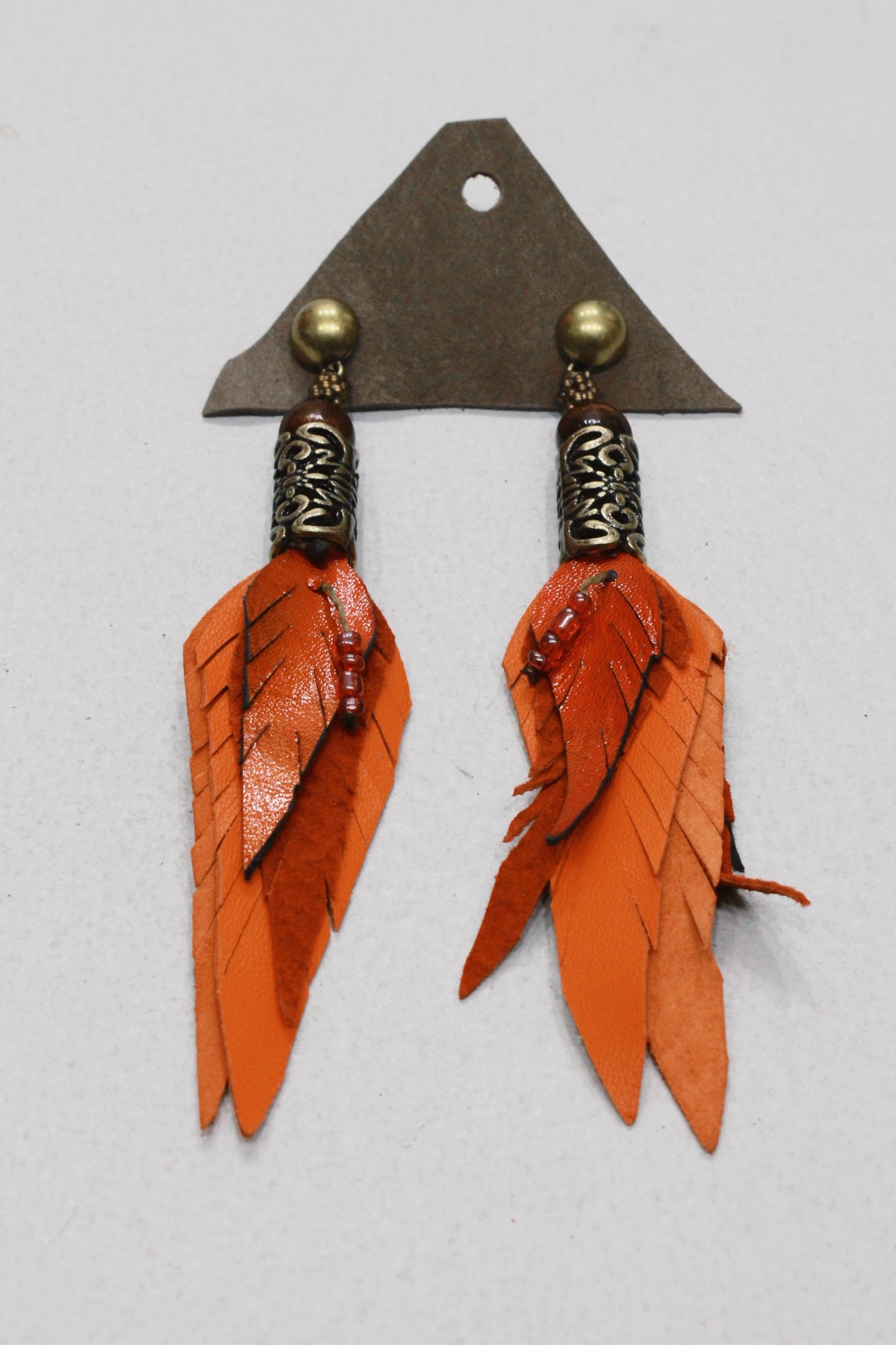 Handcrafted Orange Leather Earring with Embossed Metal Yacamim #652