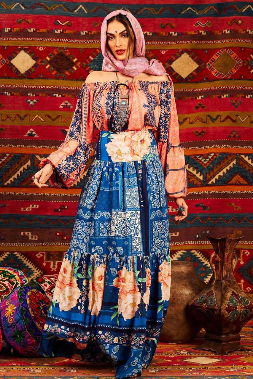 Yacamim G2 Blue Printed High-Waisted Long Skirt