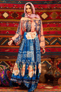 Yacamim G2 Blue Printed High-Waisted Long Skirt