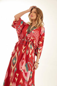 Yacamim Red Printed Long Kaftan with Waist Tunnel