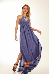 Yacamim Teal Halter Neck Long Dress with Side Slits