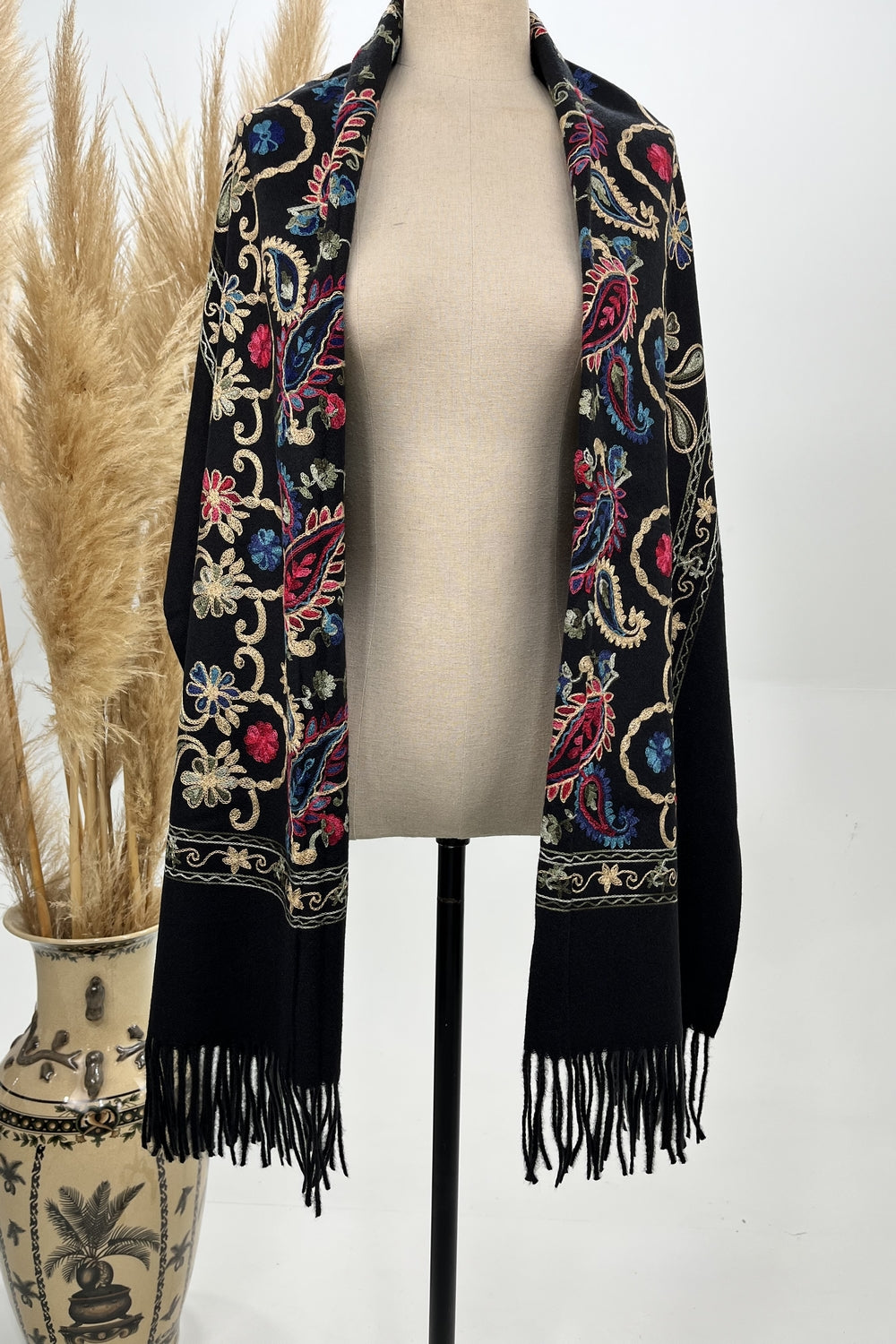 Yacamim Black Embroidered Cashmere Scarf #230