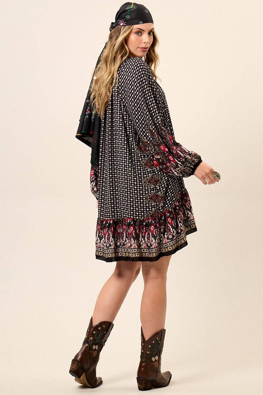 Yacamim Black Printed Short Dress with Long Puff Sleeves