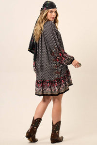 Yacamim Black Printed Short Dress with Long Puff Sleeves