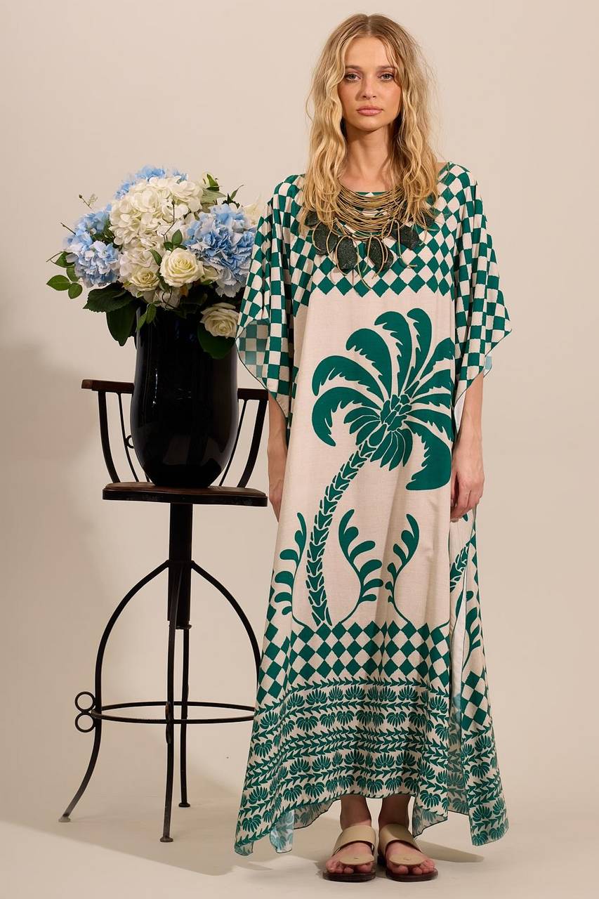 Yacamim J2 Wide Long Canoe Neck Green Printed Kaftan