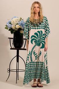 Yacamim J2 Wide Long Canoe Neck Green Printed Kaftan