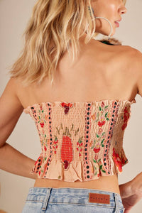 Yacamim Printed Rosé Coconut Button Shirred Top