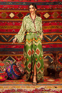Yacamim Green Printed High-Waisted Palazzo Pants with Pockets