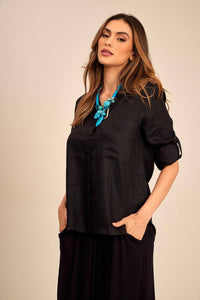 Yacamim Black 100% Linen Round Neck Shirt