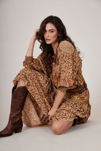 Light Brown Ruffled Midi Dress Patchwork Yacamim C5