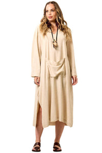 Yacamim Beige Viscose Linen Midi Dress with Long Sleeves and Hood