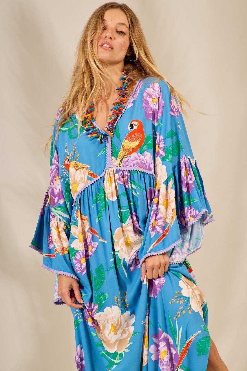 Yacamim Light Blue Printed Flare Long Sleeve Long Dress