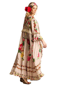 Yacamim C27 Beige Floral Print Midi Dress With Front Slit