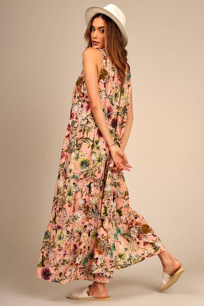 Sleeveless Long Broderie Rosé Yacamim Dress