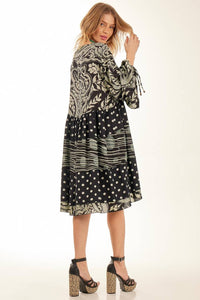 Black Yacamim Patchwork Short Dress with Puff Long Sleeves