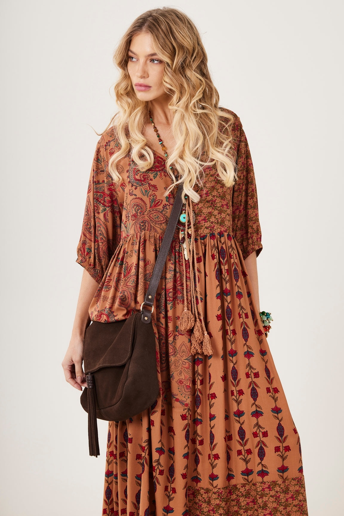 Yacamim E2 Brown Patchwork Printed Long Dress