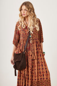 Yacamim E2 Brown Patchwork Printed Long Dress