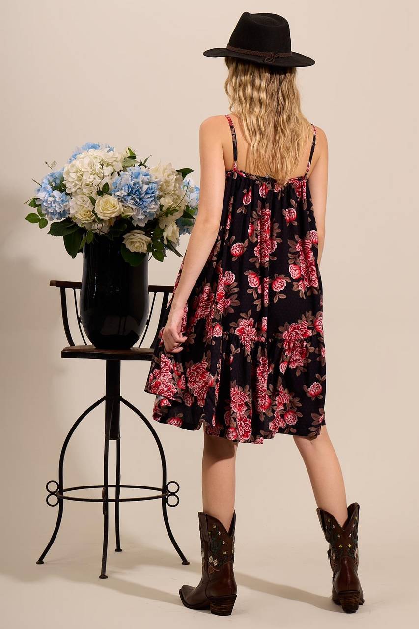 Yacamim E2 Black Printed Loose Short Dress with Straps