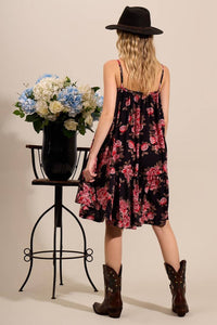 Yacamim E2 Black Printed Loose Short Dress with Straps