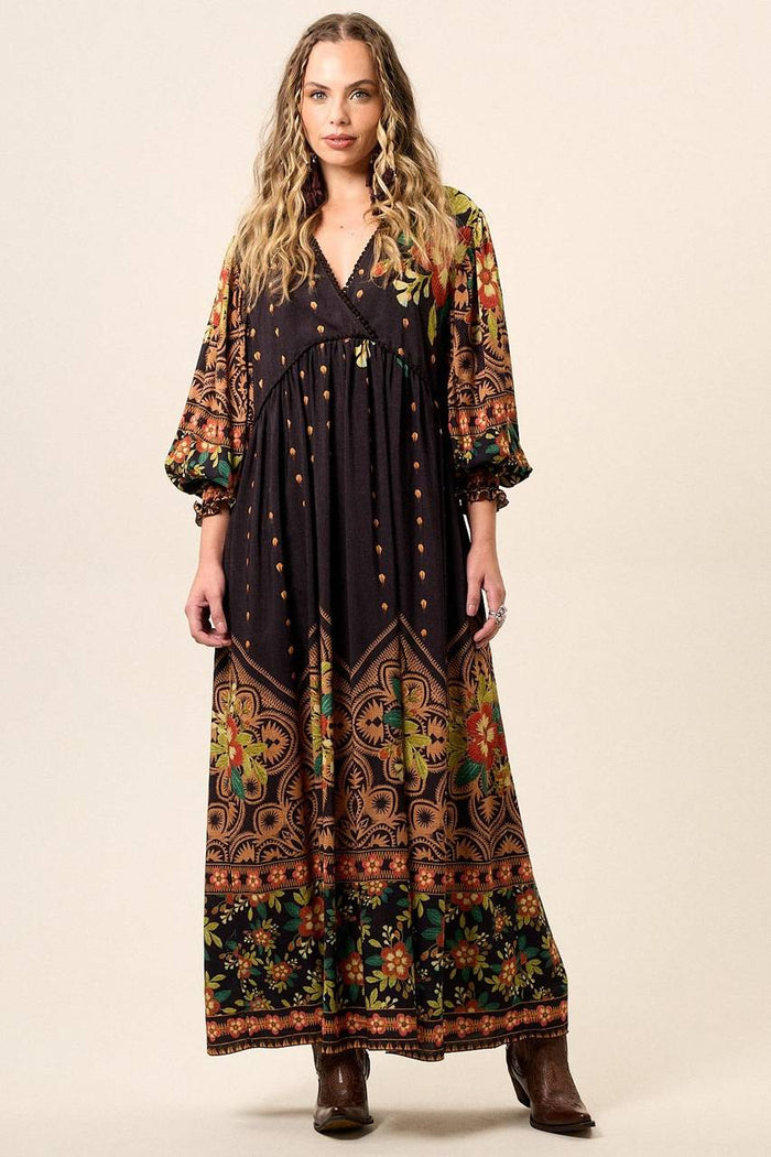 Yacamim Printed Black Flowy Long Dress with Puffy Long Sleeves