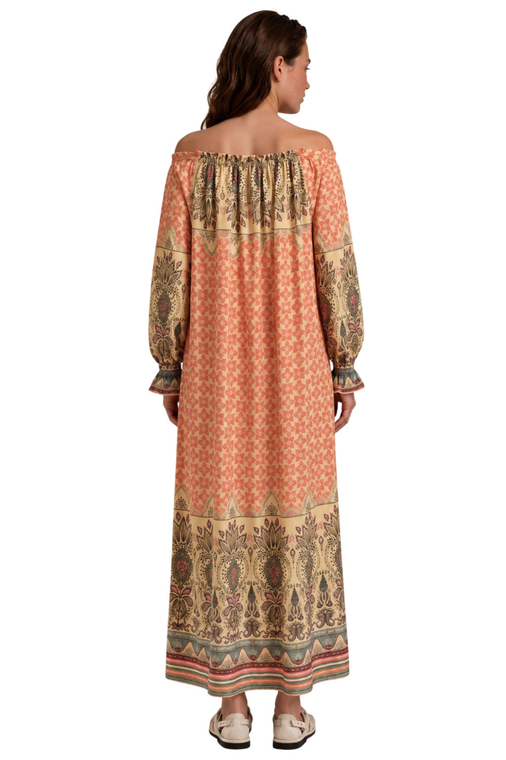 Vestido Longo Ciganinha Salmão Estampado Yacamim E15
