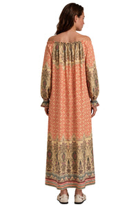 Vestido Longo Ciganinha Salmão Estampado Yacamim E15