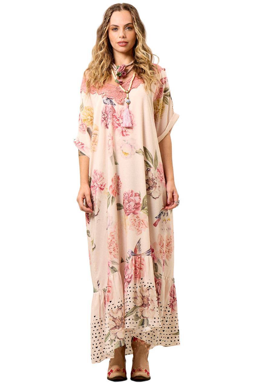 Yacamim E15 Light Rosé Printed Long Dress with Lace Detail