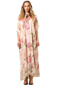 Yacamim E15 Light Rosé Printed Long Dress with Lace Detail